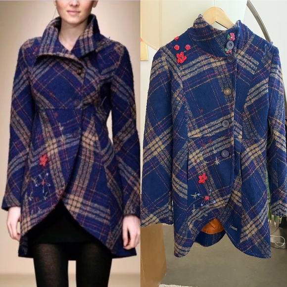 Desigual Jackets & Blazers - Desigual Embroidered Plaid Wool Coat